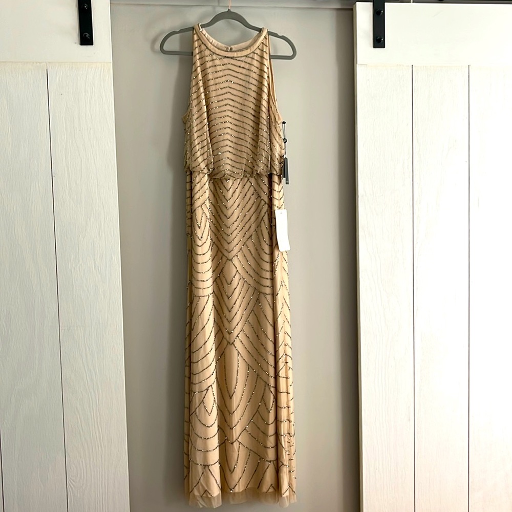 Adrianna Papell Nude Beaded Halter Gown